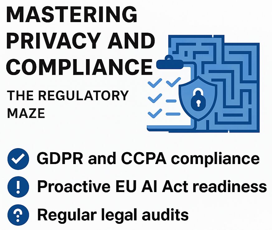 A graphic titled Mastering Privacy and Compliance: The Regulatory Maze features a shield and maze icon. Text highlights GDPR and CCPA compliance, EU AI Act readiness, and regular legal audits with related icons.