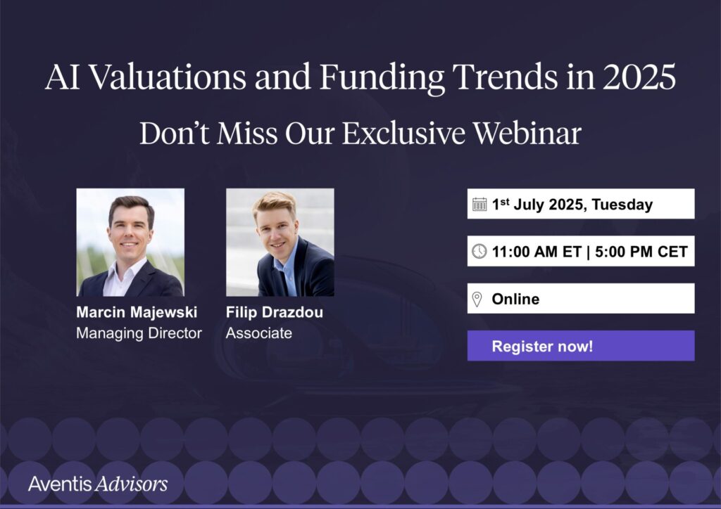 Grafika promująca webinarium na temat wyceny AI i trendów finansowania w 2025 r. ze szczegółami wydarzenia, zdjęciami prelegentów Marcina Majewskiego i Filipa Drazdou oraz przyciskiem Zarejestruj się teraz! Gospodarzem wydarzenia jest Aventis Advisors.