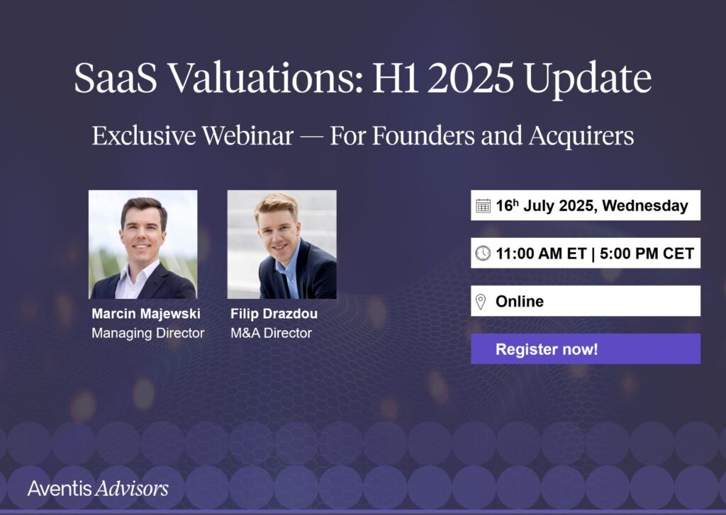 Zapowiedź webinaru zatytułowanego SaaS Valuations: H1 2025 Update ze zdjęciami Marcina Majewskiego i Filipa Drazdou, szczegółami wydarzenia i przyciskiem Zarejestruj się teraz! Wydarzenie odbędzie się online 16 lipca 2025 r.