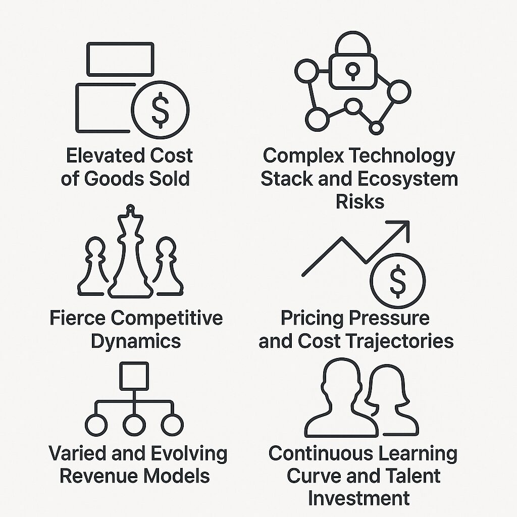 Six black-and-white icons illustrate business challenges: elevated cost of goods sold, complex technology risks, fierce competition, pricing pressure, evolving revenue models, and need for ongoing learning and talent investment.