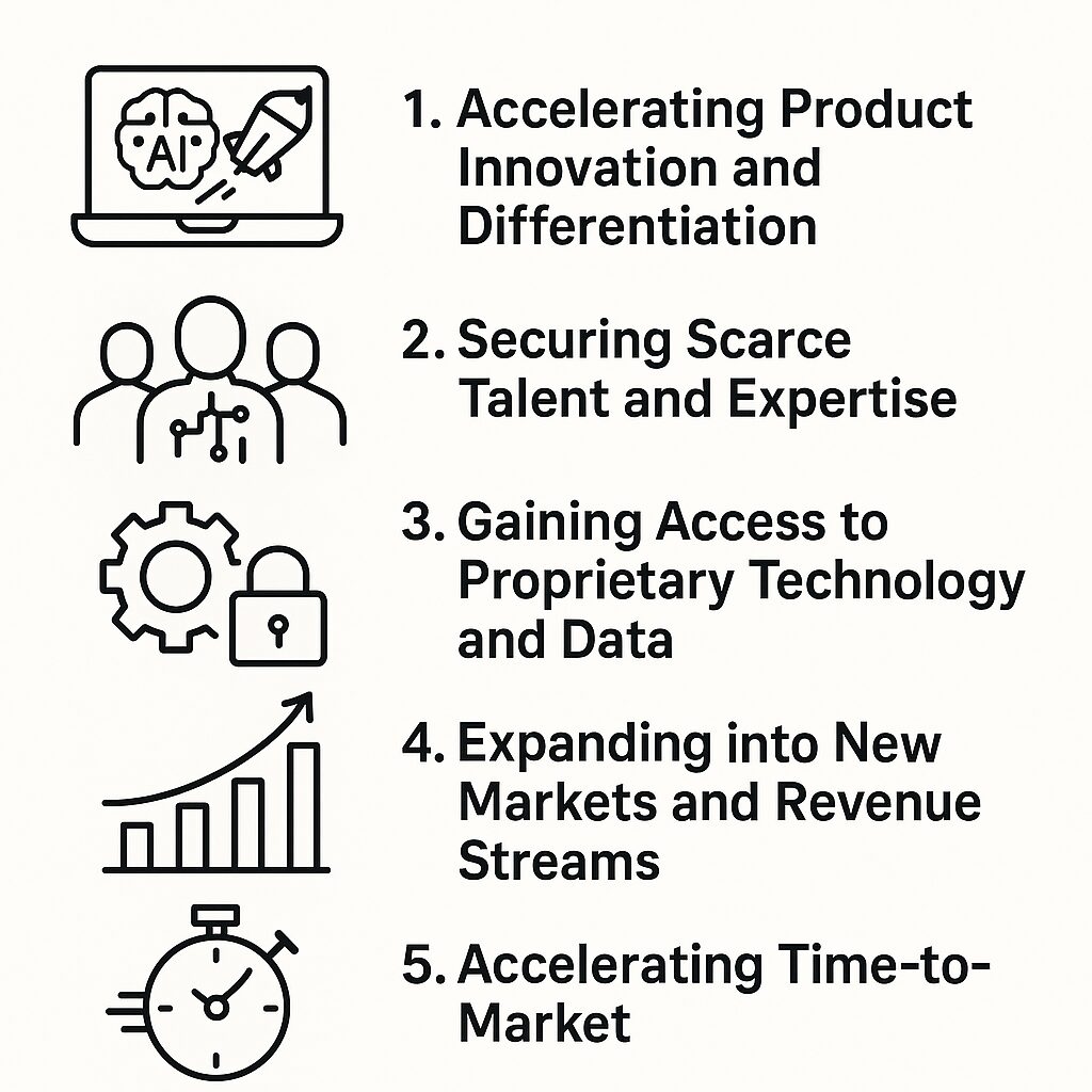 List of five business goals with icons: accelerating product innovation, securing talent, accessing proprietary technology, expanding into new markets, and accelerating time-to-market. Each goal has a black line graphic next to it.