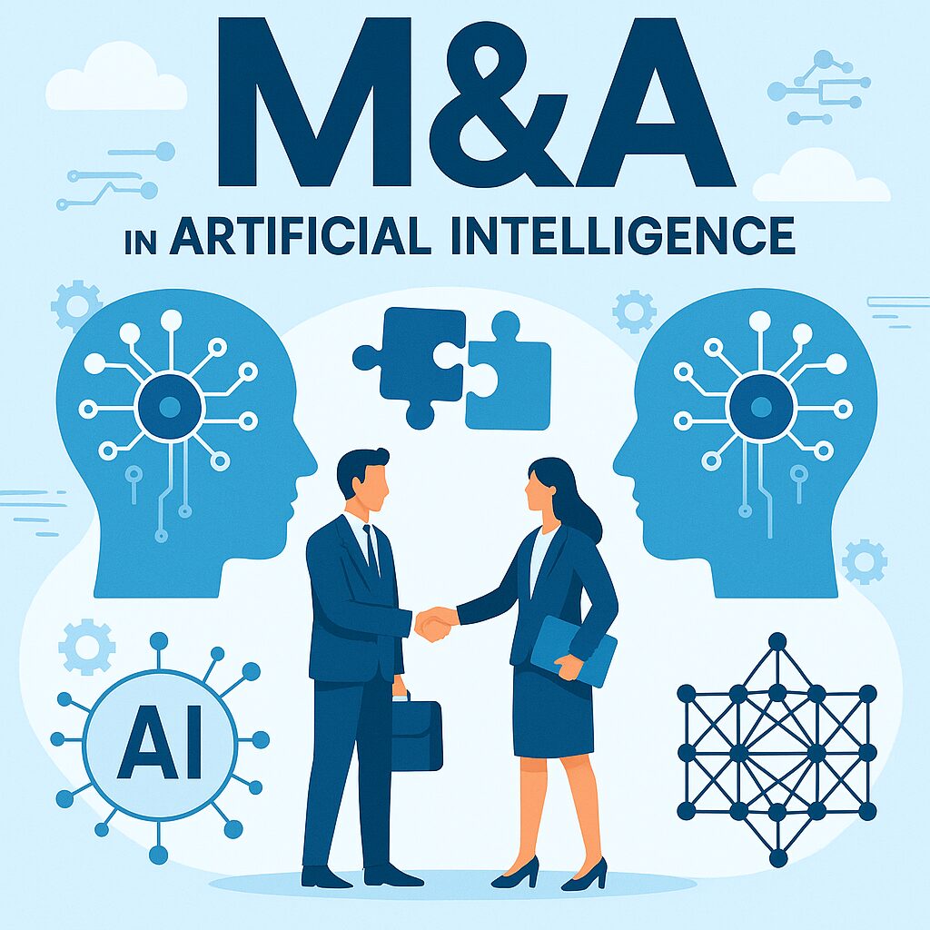 Dwóch biznesmenów w garniturach podaje sobie ręce, otoczeni ikonami i grafikami o tematyce sztucznej inteligencji, z tekstem M&A in Artificial Intelligence nad nimi. W tle widoczna jest sieć komputerowa i grafika mózgu.