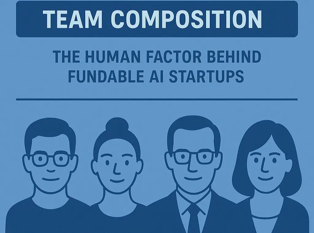A blue graphic shows four illustrated people, two men and two women, with the text: “TEAM COMPOSITION: THE HUMAN FACTOR BEHIND FUNDABLE AI STARTUPS” above their heads.