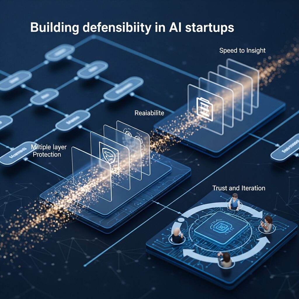 A digital graphic showing interconnected platforms labeled Speed to Insight, Multiple Layer Protection, Reliability, and Trust and Iteration, with the title “Building defensibility in AI startups” at the top.