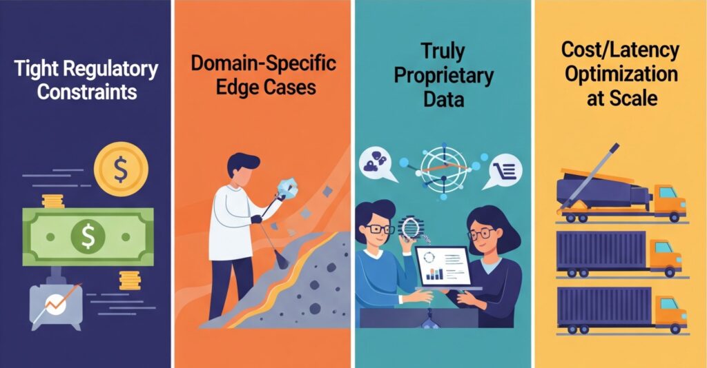 A four-panel infographic shows: a money and chart graphic for tight regulatory constraints, a person studying rocks for domain-specific edge cases, two people with charts and data for proprietary data, and trucks for cost/latency optimization.