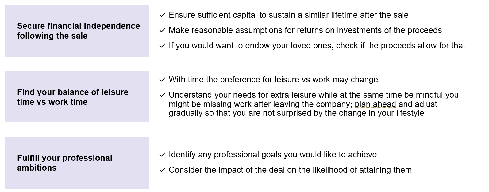 A checklist with three sections: securing financial independence after a sale, finding a balance between leisure and work time, and fulfilling professional ambitions, each with related bullet points.