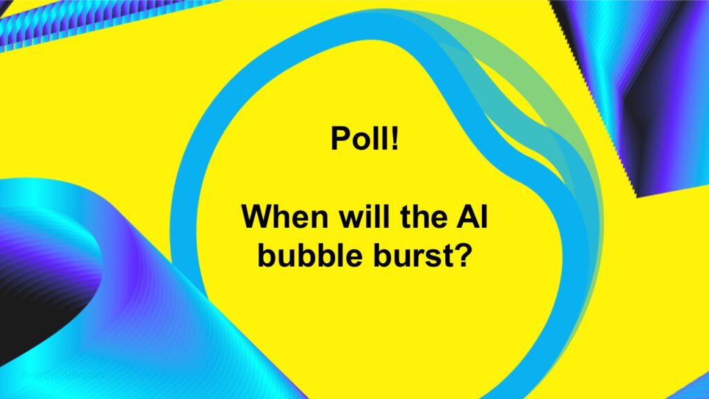 A yellow background with abstract blue shapes surrounds black text in the center that reads, Poll! When will the AI bubble burst?.