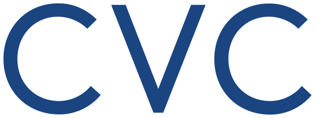 The image displays the letters CVC in large, bold, blue uppercase font centered on a light gray background.