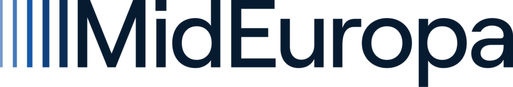 The image shows the word MidEuropa in large, dark blue letters with seven vertical blue lines of varying shades to the left of the text. The background is light gray.