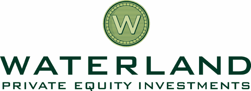The image shows the logo of Waterland Private Equity Investments. It features a green circular emblem with a W in the center above the company name in bold, capital letters.