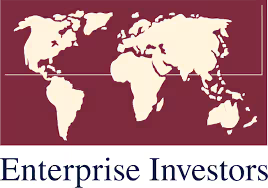 A stylized world map in cream color on a maroon background above the words Enterprise Investors in blue text.